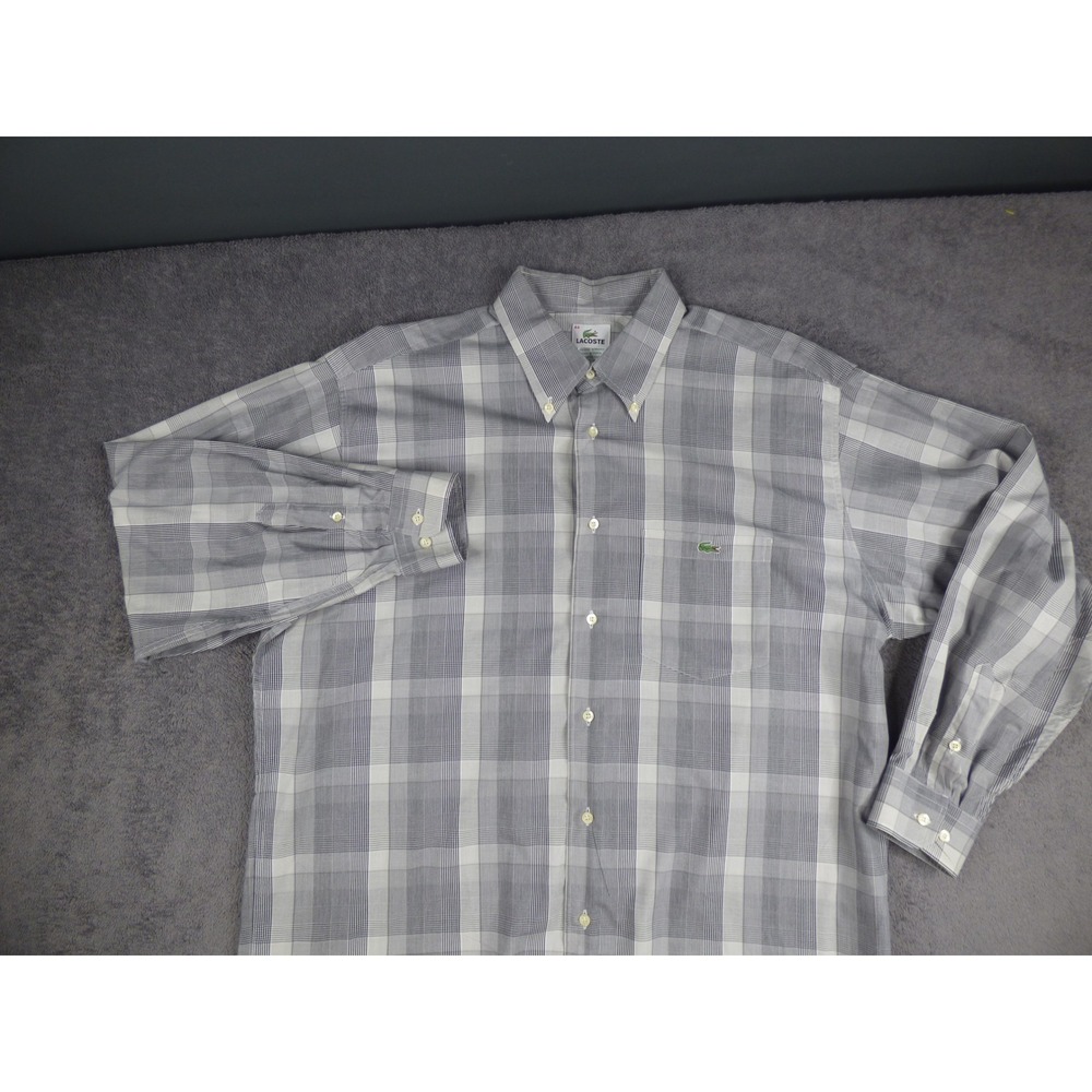 Lacoste Mens Grey White Plaid Long Sleeve Button Down Shirt Size 44 XL Cotton